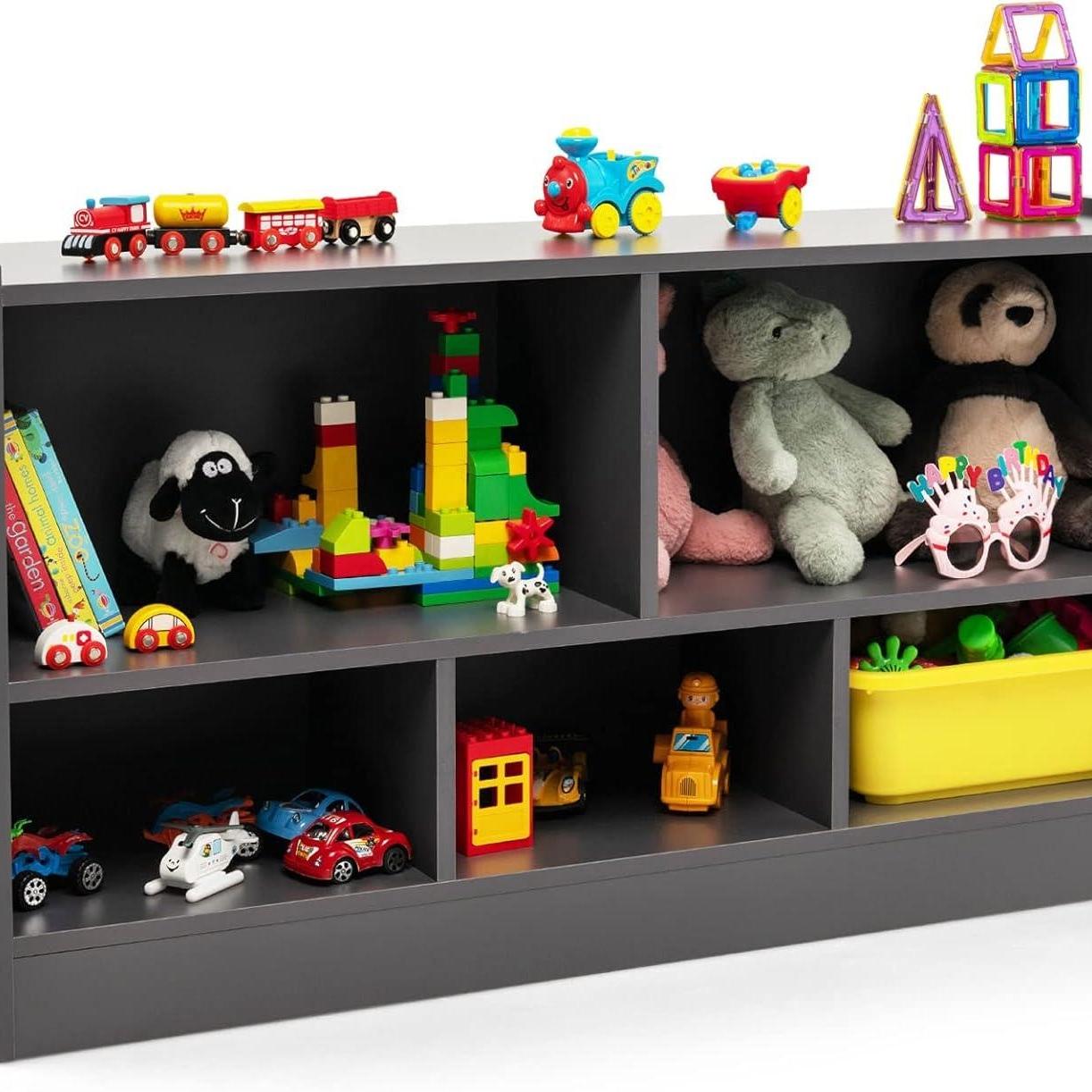 Houten Speelgoedkast – Speelgoedrek – Opbergkast – Kinderkast – Speelgoedmeubel – 5 Ruime Vakken – Veilig Afgeronde Hoeken – Bruin 111x30x61,5 cm
