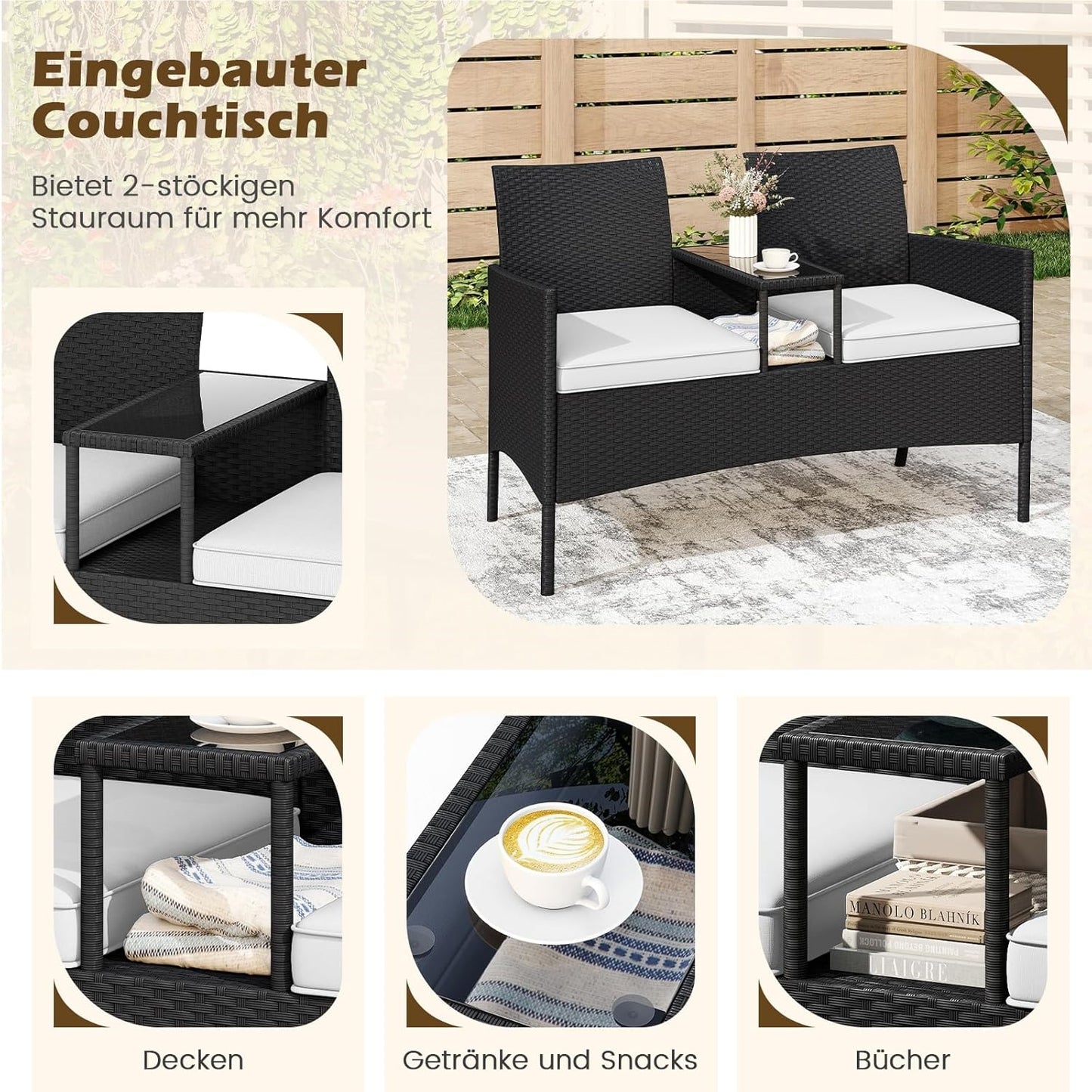 Tuinbank – Loungeset – Bistroset – Tuinmeubilair – Balkonmeubel – Tweezits Met Tafel – Weerbestendig PE-Rattan – Gehard Glas Tafelblad
