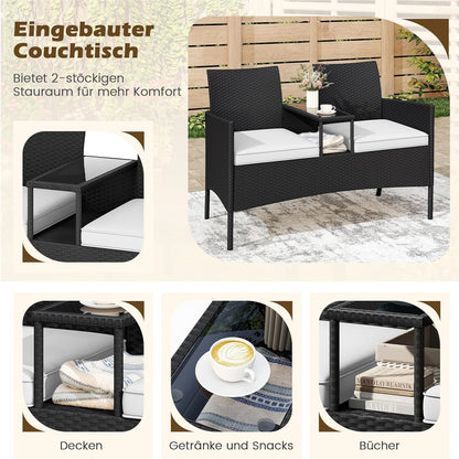 Tuinbank – Loungeset – Bistroset – Tuinmeubilair – Balkonmeubel – Tweezits Met Tafel – Weerbestendig PE-Rattan – Gehard Glas Tafelblad