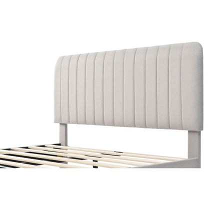 Gestoffeerd Tweepersoonsbed – Tweepersoonsbed – Bedframe – Slaapbed – Logeerbed – Grijs-Beige Linnen – Verstelbare Hoofdsteun – 160x200 cm