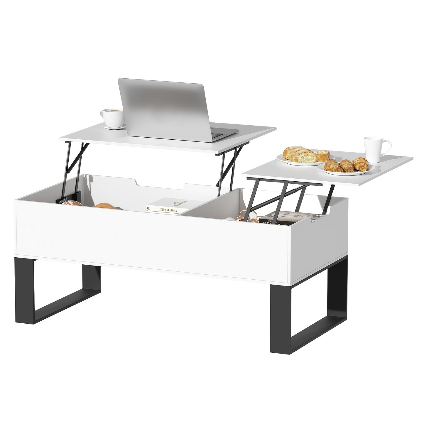 Witte Salontafel – Koffietafel – Bijzettafel – Werktafel – Eettafel – Verstelbaar Met Lift-Top – Duurzaam MDF En Metalen Frame Met Verborgen Opbergruimte