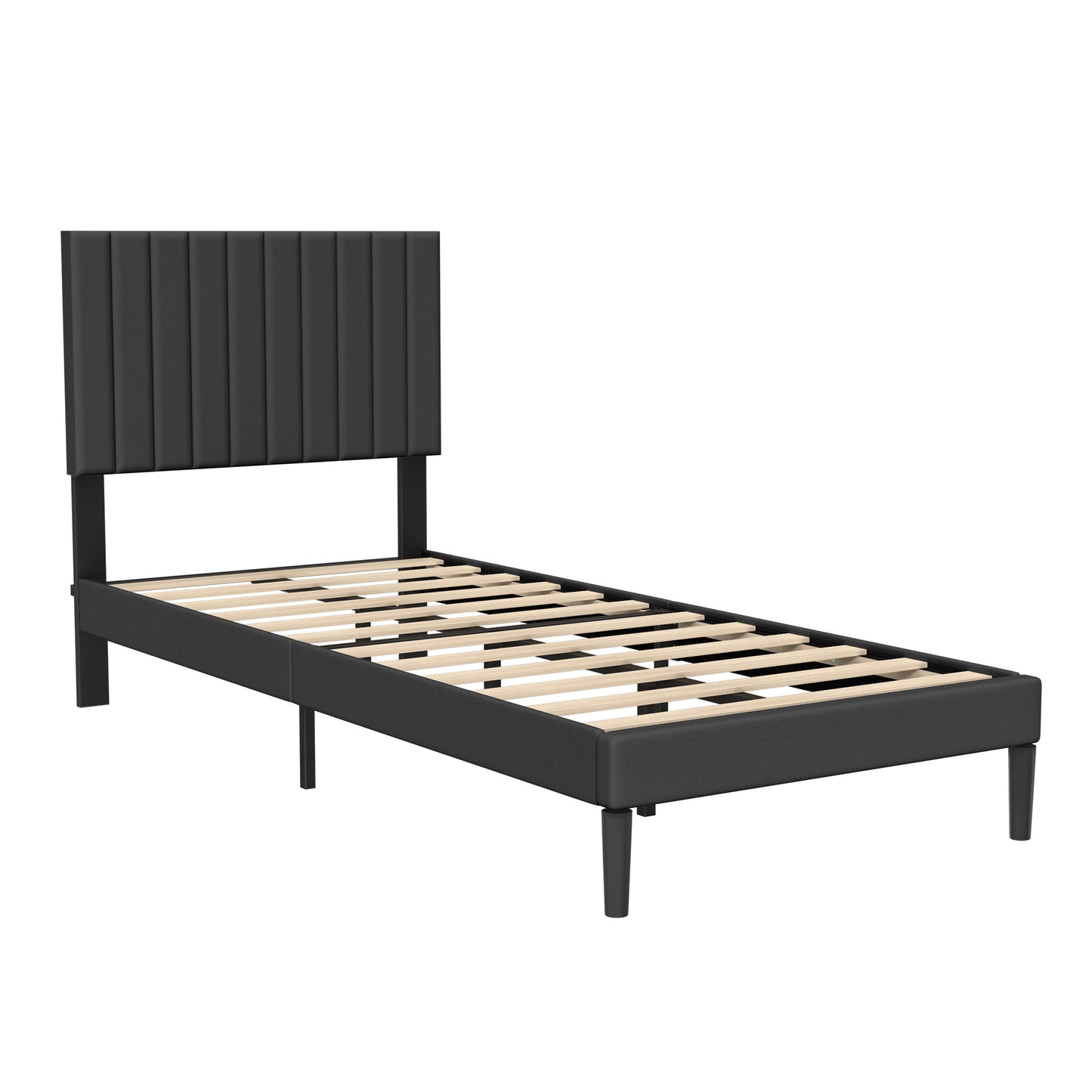 Upholstered Bed Frame with Headboard and Slatted Base, Sturdy Metal Platform, Mattress Foundation, Black/Beige