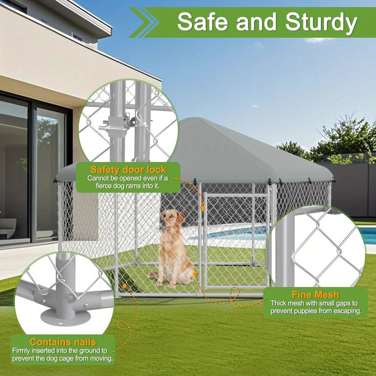 Hondenkennel – Hondenren – Hondenkooi – Buitenkennel – Hondenhok – Ruim 280x250x165 cm – Gegalvaniseerd Staal – Weerbestendig Met Dak en Slot