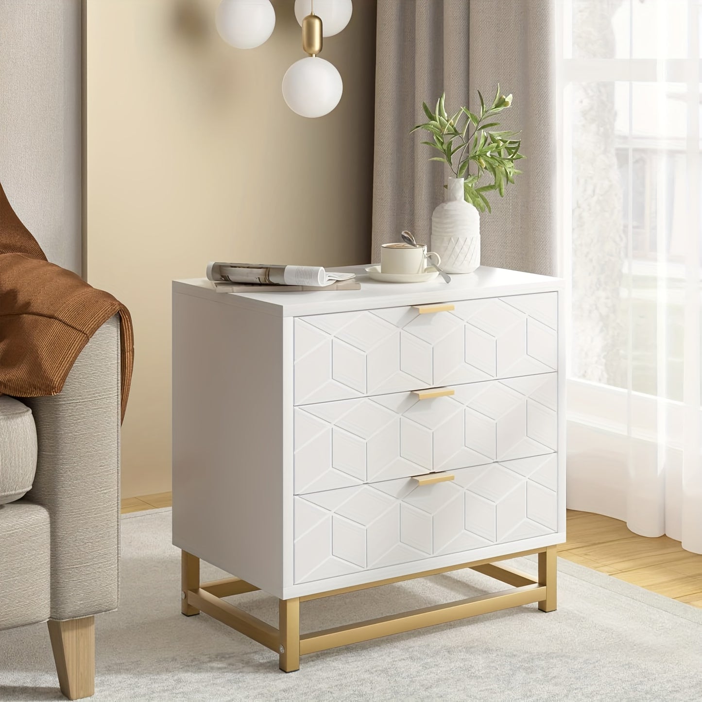 Ladekast Wit – Opbergkast – Lade Kast – Commodes – Ladenkast – 3 Ruime Lades – Krasbestendig Metalen Poten – Compact Formaat 59,9x68,5 cm