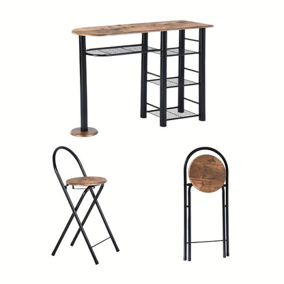 Eettafel – Tafel – Keukentafel – Eethoek – Kloostertafel – Industrieel Design – Massief Hout Met Opbergruimte – Inklapbare Krukjes – Bruin