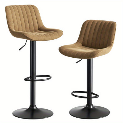 Set of 2 Modern Brown Velvet Swivel Bar Stools with Height-Adjustable Height (87-109cm) & 360° Rotation - Ergonomic Cushioned Seats, Soft Padded Backrests, Sturdy Black Base - Easy Assembly for Kitchen Island, Dining Room, H