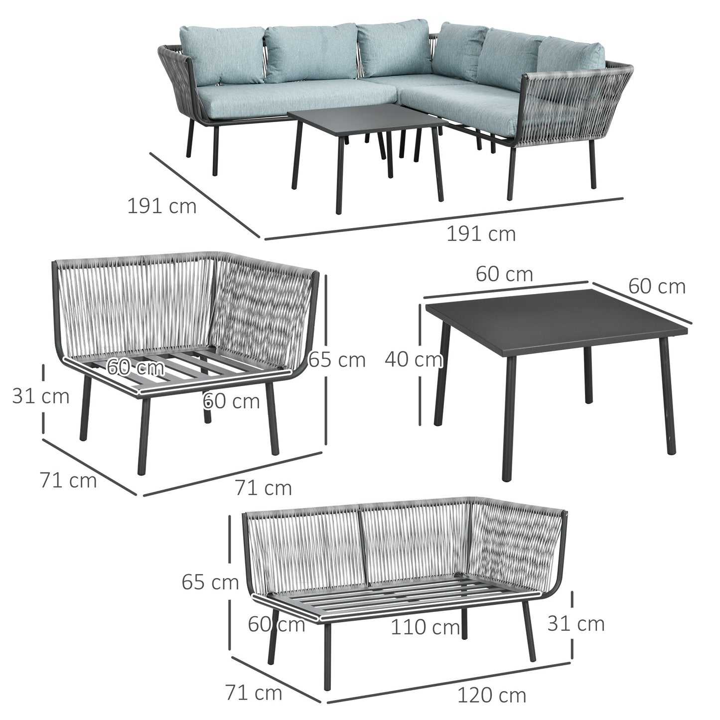 4-delige Hoek Loungeset – Tuinbank – Loungesofa – Buitenbank – Buitenmeubel – Weerbestendig Aluminium Frame – Comfortabele Afneembare Kussens – Grijs