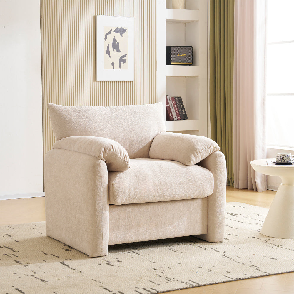 Loungechair – Fauteuil – Zitzak – Accentstoel – Relaxstoel – Oversized Design – Chenille Stof – Gepolsterde Armleuningen – Eenvoudige Montage – Wit