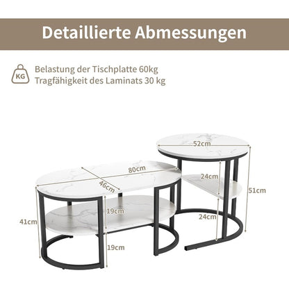 Salontafel – Woonkamertafel – Bijzettafel – Koffietafel – Set Van 2 Ronde En Ovale Tafels – Dubbele Opbergruimte – Stevig Metalen Frame