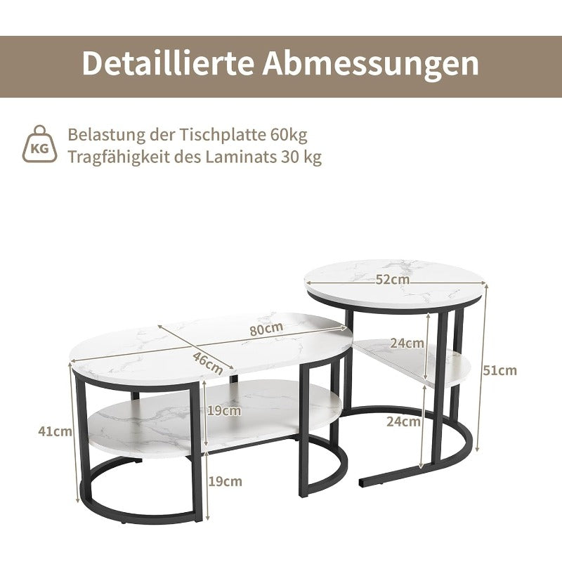 Bijzettafels – Koffietafel – Salontafel – Woonkamertafel – Opbergtafel – Set van 2 Ronde en Ovale Tafels – Houten Blad en Stabiel Metalen Frame