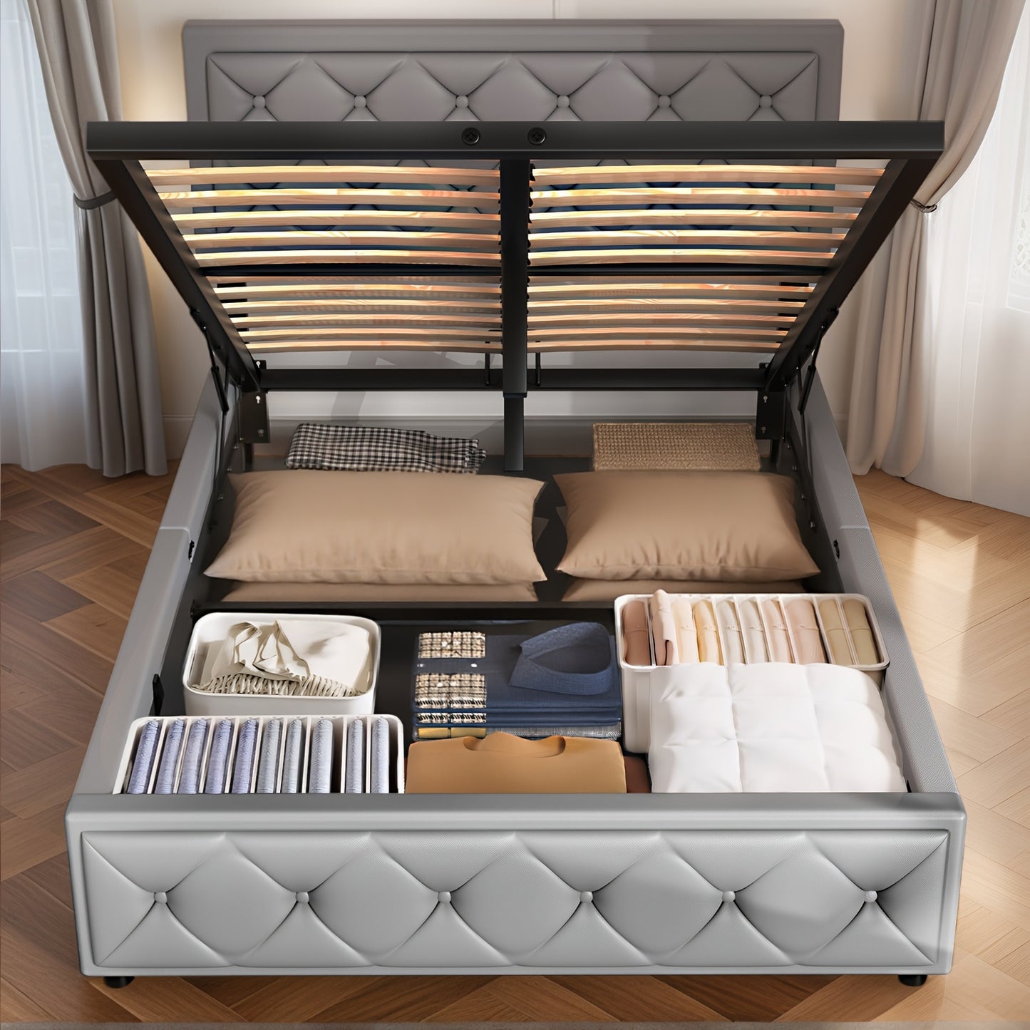 Opbergbed – Bedframe – Opbergbox Bed – Liftbed – Slaapbank – Donkergrijs PU – Gasveerlift – Compact & Eenvoudige Montage
