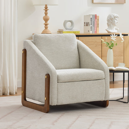 Fauteuil – Accentstoel – Lounge Stoel – Moderne Stoel – Zithoekstoel – Beige Chenille – Houten Armleuningen – Comfortabel Rugkussen