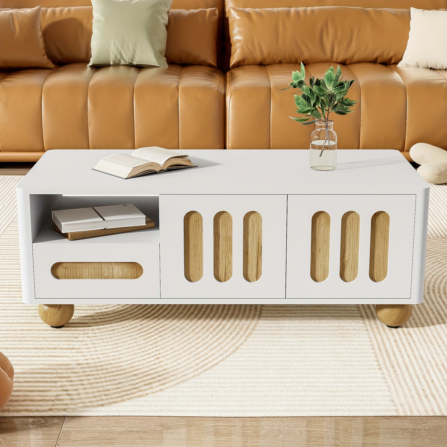 Modern Coffee Table with Storage - Large Living Room Center Table, Metal Construction, Rounded Safety Corners & Spherical Legs, Easy Assembly Required - Ideal for Apartments, Offices, or Homes, Coffee Table for Living Room, A