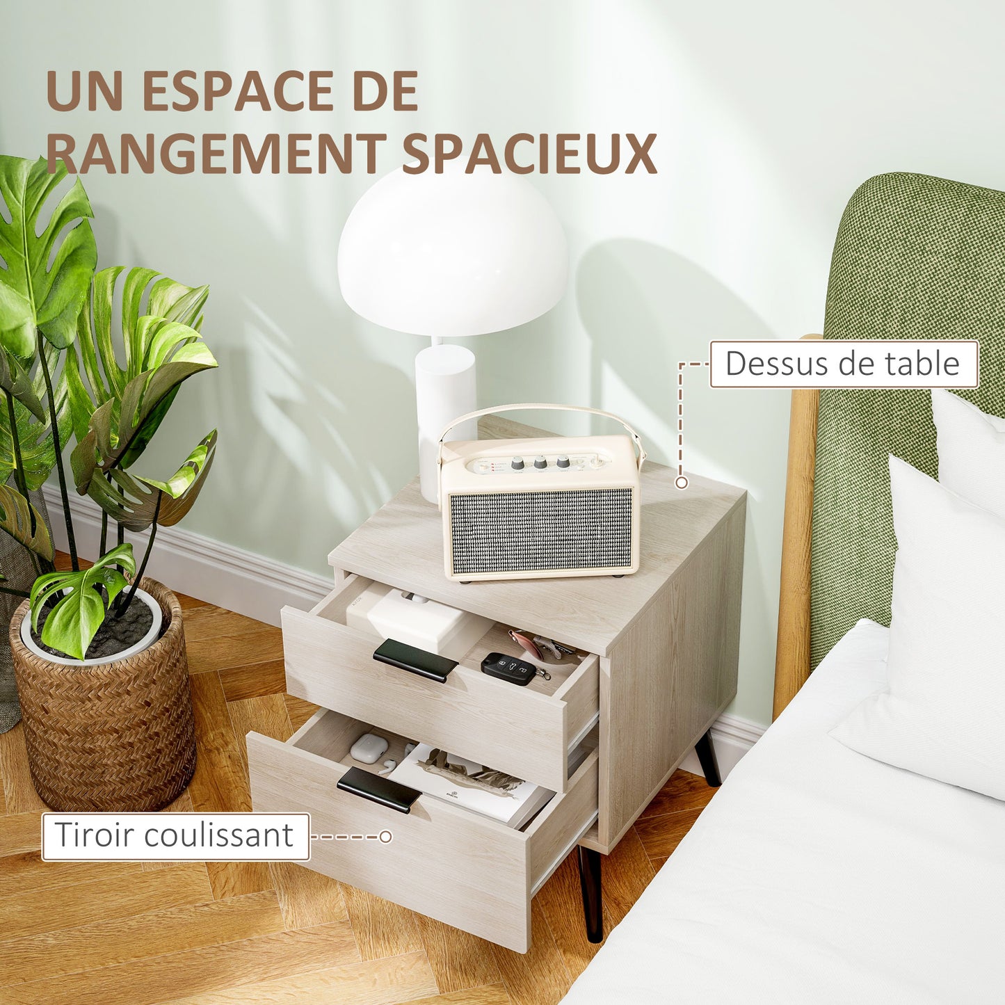 Bijzettafel Set – Nachtkastje – Bedtafel – Sidetable – Houten Tafeltje – Modern Nordic Design – 2-Lade Opbergruimte – Eikenhout Look
