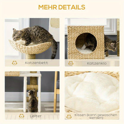Scratching Post with Cat House, Sisal Scratching Columns, Washable Cushions, 100.5H x 57L x 37B cm, White/ Natural, Feline Enrichment, Pet Scratching Post, Stylish Cat Tree, Minimalist Design, Sturdy Frame, Sisal Rope Constru