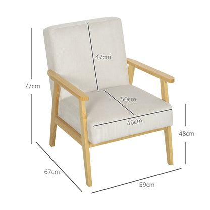 Fauteuil – Armstoel – Zetel – Lounge Chair – Relaxstoel – Modern Design – Corduroy Bekleding – Stevig Rubberwood Frame – Max 120 kg – Crème Wit