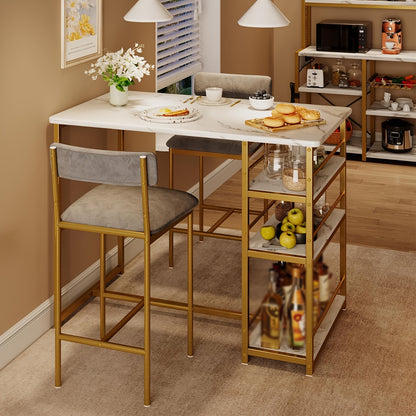 Barset Golden Marble – Bistrotafel Set – Eettafel Compact – Keukentafel Met Stoelen – 3-Tier Rek – Ruimtebesparend – Moderne Gouden Accent
