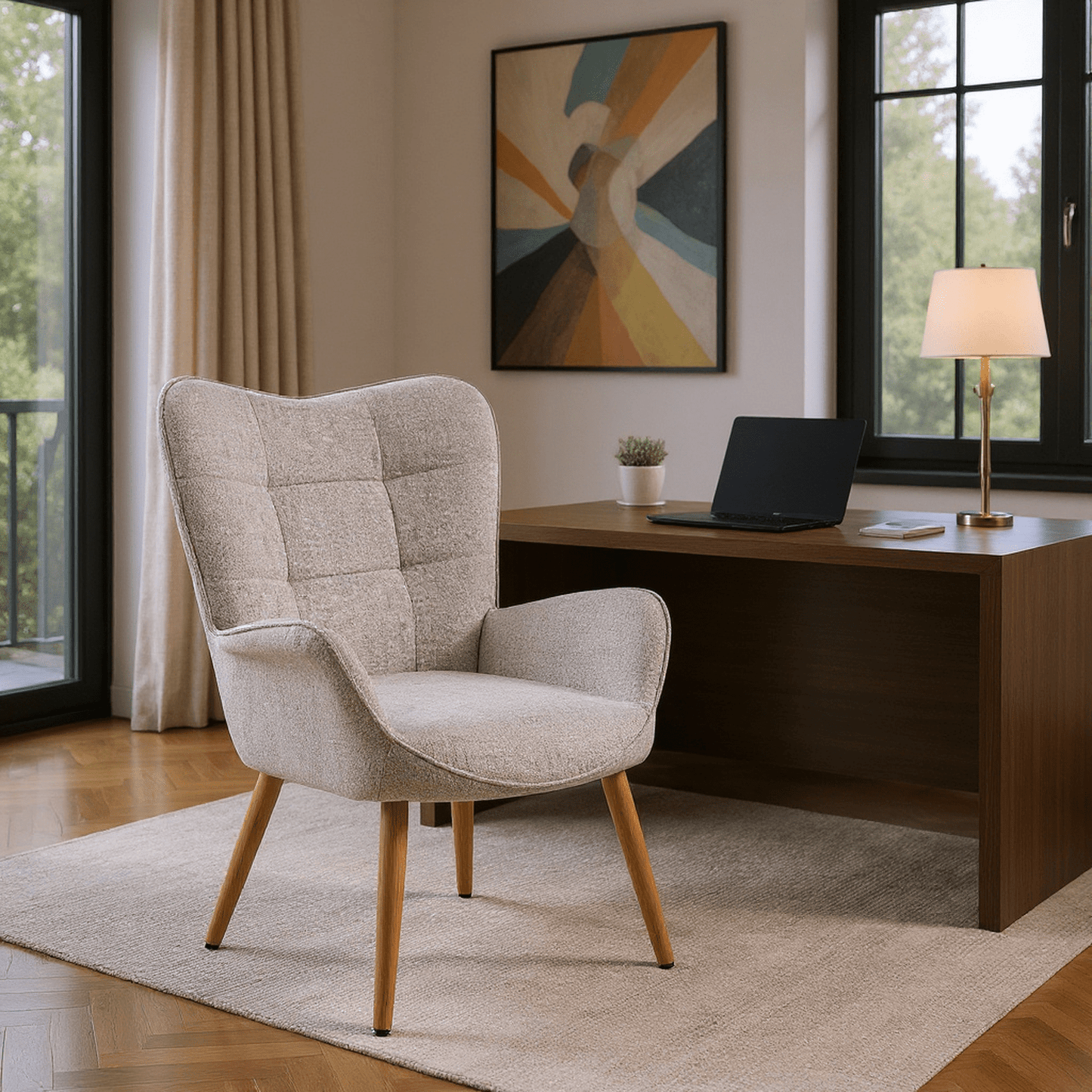 Loungestoel – Fauteuil – Relaxstoel – Zetel – Armstoel – Scandinavisch Design – Comfortabele Stoffering – Houten Poten – Grijs – 72x61x90,5 cm