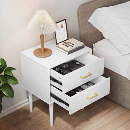 Nachtkastje – Ladekast – Bijzettafel – Nachtkast – Opbergkast – Modern Wit – 2 Laden – Houten Poten – Gouden Handgrepen