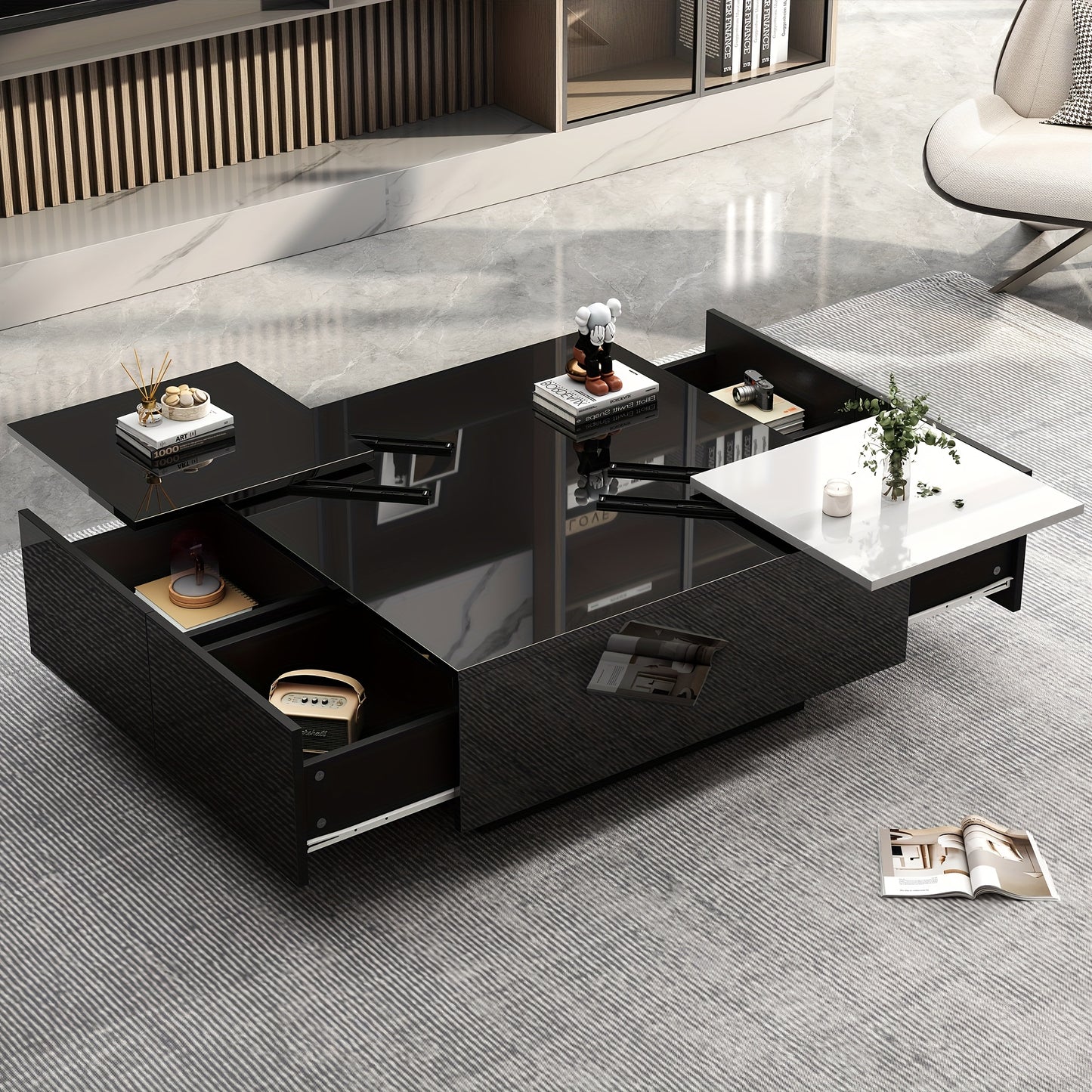Salontafel – Koffietafel – Tafel – Bijzettafel – Opbergtafel – Zwart Hoogglans Met Wit Uitschuifbaar Blad – Duurzaam Hardhout – Compact Ontwerp Voor Kleine Ruimtes