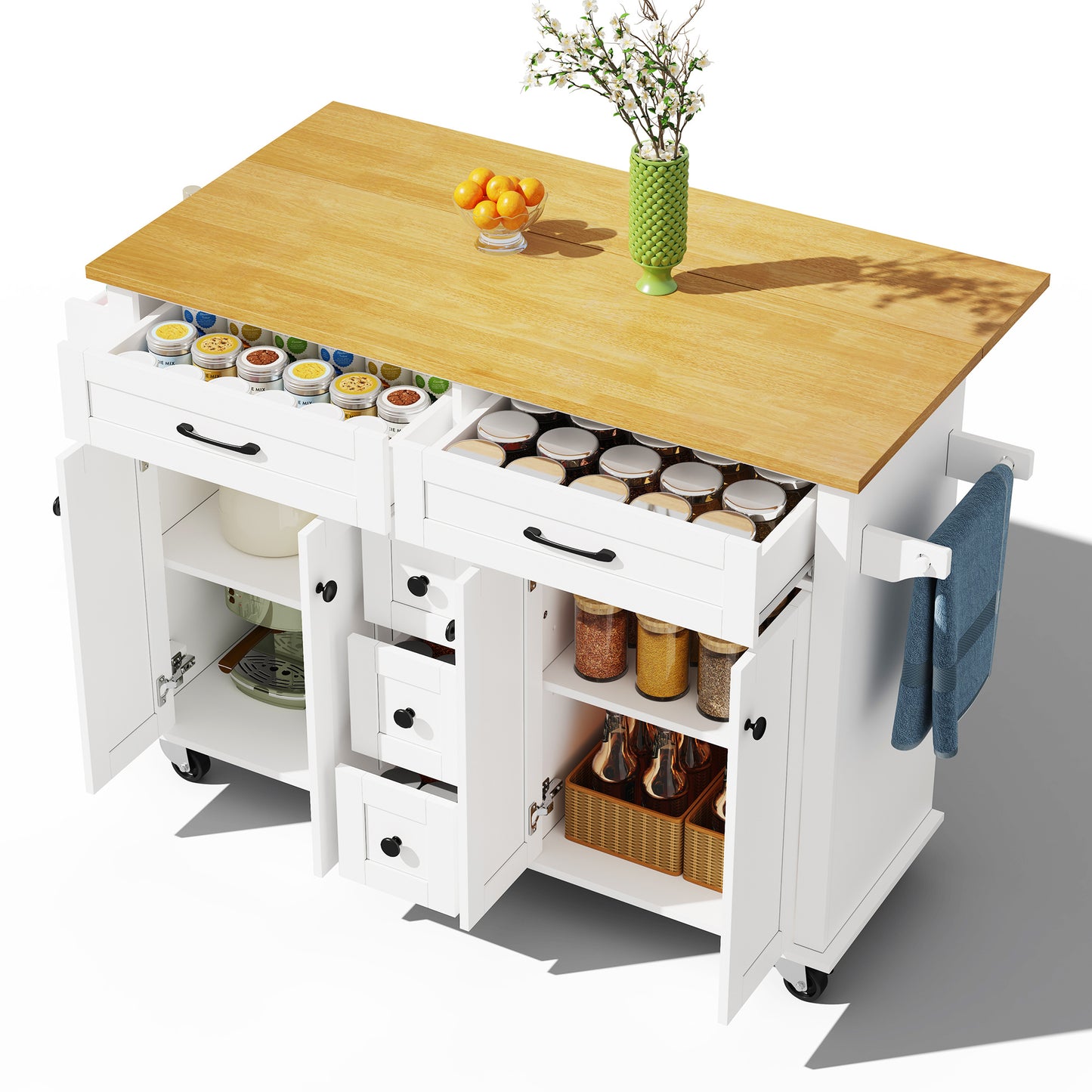 Keukentrolley – Keukenwagen – Serveerwagen – Keukenkast – Opbergkar – Uitschuifbaar Werkblad 120×65 cm – 5 Lades & 2 Kastjes