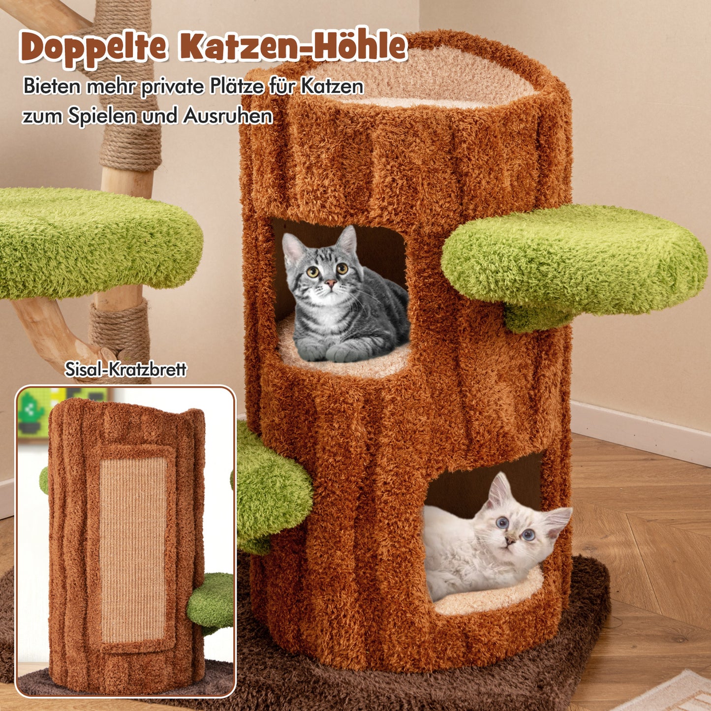 Kattenkrabpaal – Krabboom – Kattentoren – Krabmeubel – Kattenhuis – Tweelaagse Kattengrot – Stevig Houten Frame – Sisal Krabpaal Met Speelbal – Bruin Groen 80x50x141 cm