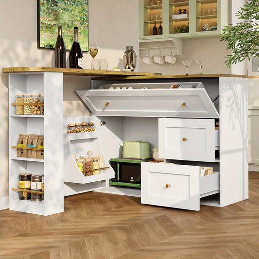 Uitklapbare Bartafel – Bar Tafel – Statafel – Keukeneiland – Bistrotafel – Wit Met Metaal – Uitschuifbaar 138-204 cm – Met Opbergruimte En Snackrek