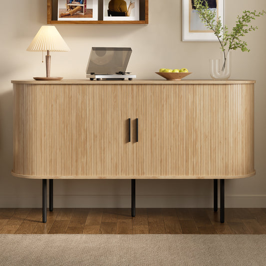 Modern MDF Dressoir – Opbergkast – Kastje – Roldeurkast – Sideboard – Ruimtebesparend Sliding Deuren – Stevige Zwarte Metalen Poten