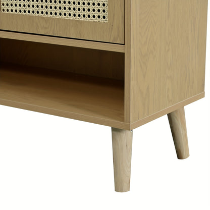 Natural Rattan Shoe Cabinet with Double Doors And Five Shelves for Entryway. with Wooden Handles And Solid Wood Legs. Dimensions: W80/H105/D35cm.