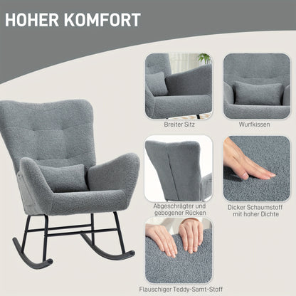 Schommelstoel – Relaxstoel – Fauteuil – Voedingsstoel – Loungestoel – Teddy Stof Grijs – Met Lendenkussen & Zijvakken – Metalen Frame & Gewatteerde Armleuningen