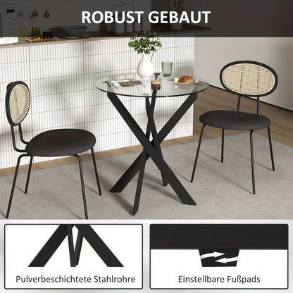 Eettafel – Ronde Tafel – Keukentafel – Diner tafel – Glas Tafel – 70x75 cm – Gehard Glas Blad – Zwart Metalen Poten