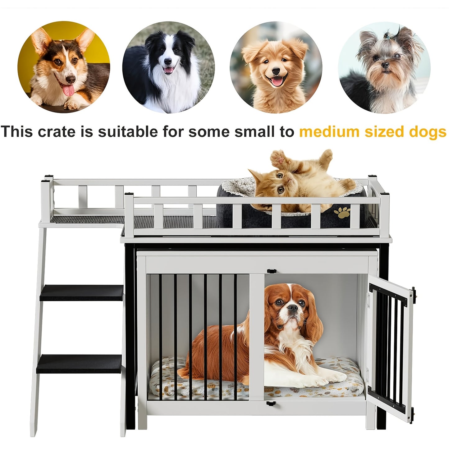 Hondenbench – Hondhuis – Hondenkooi – Huisdier Bench – Hondenren – Dakterras Met Reling – Trap Met Antislip Treden – Hout En Metaal – Voor Kleine En Middelgrote Honden – 120x56x65 cm