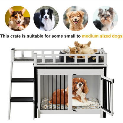 Hondenbench – Hondhuis – Hondenkooi – Huisdier Bench – Hondenren – Dakterras Met Reling – Trap Met Antislip Treden – Hout En Metaal – Voor Kleine En Middelgrote Honden – 120x56x65 cm