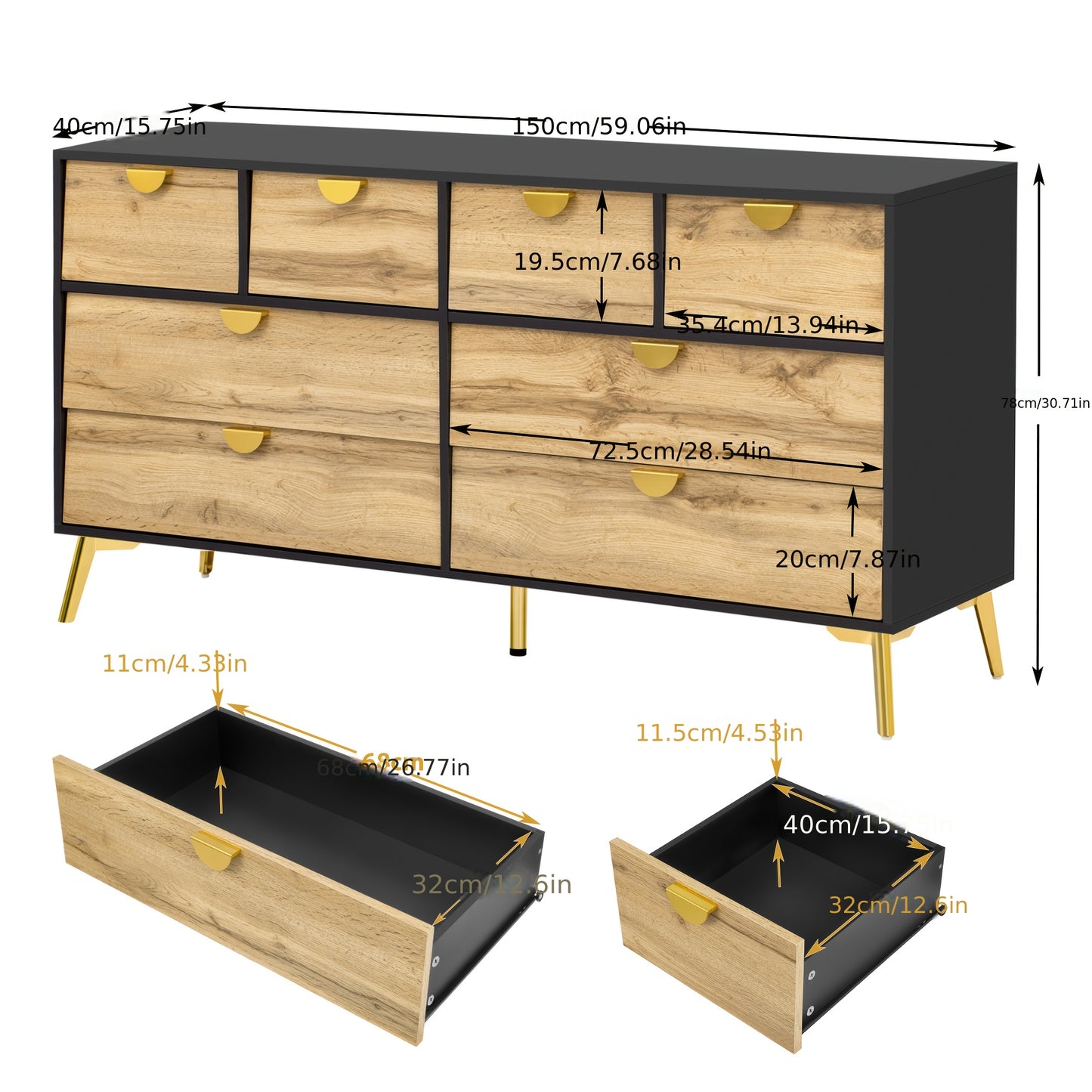 Dressoir – Buffetkast – Opbergkast – Sideboard – Commode – 8 Laden – Vrijstaand – Modern Design – Donkere Deuren – Gouden Poten – Zonder Elektriciteit – Ruime Opbergruimte