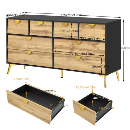 Dressoir – Buffetkast – Opbergkast – Sideboard – Commode – 8 Laden – Vrijstaand – Modern Design – Donkere Deuren – Gouden Poten – Zonder Elektriciteit – Ruime Opbergruimte