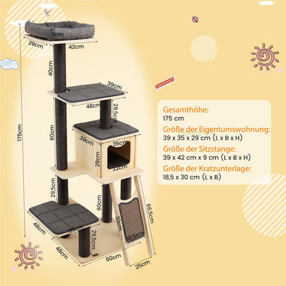 Krabpaal – Krabboom – Kattenboom – Klimpaal – Activiteitentoren – 6-laags Houten Krabpaal Met Sisal – Met Kattenhol En Zacht Kussen – Stabiele, Hoge Klimtoren 175 cm – Grijs-Beige