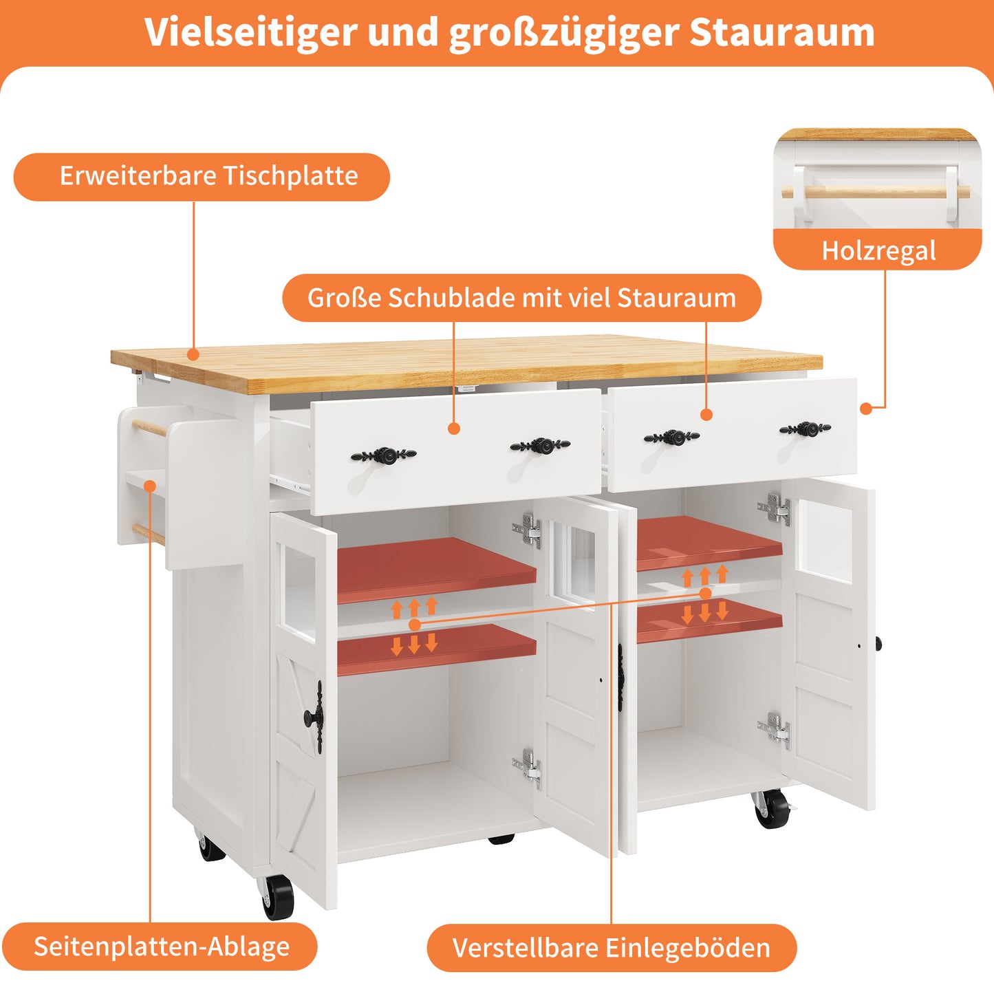 Keukeneiland – Keukenwagen – Serveerwagen – Buffetkast – Eettafel – Verstelbare Planken – Verrijdbaar Met Remmen – 140x73x93,5 cm – MDF & Veiligheidsglas