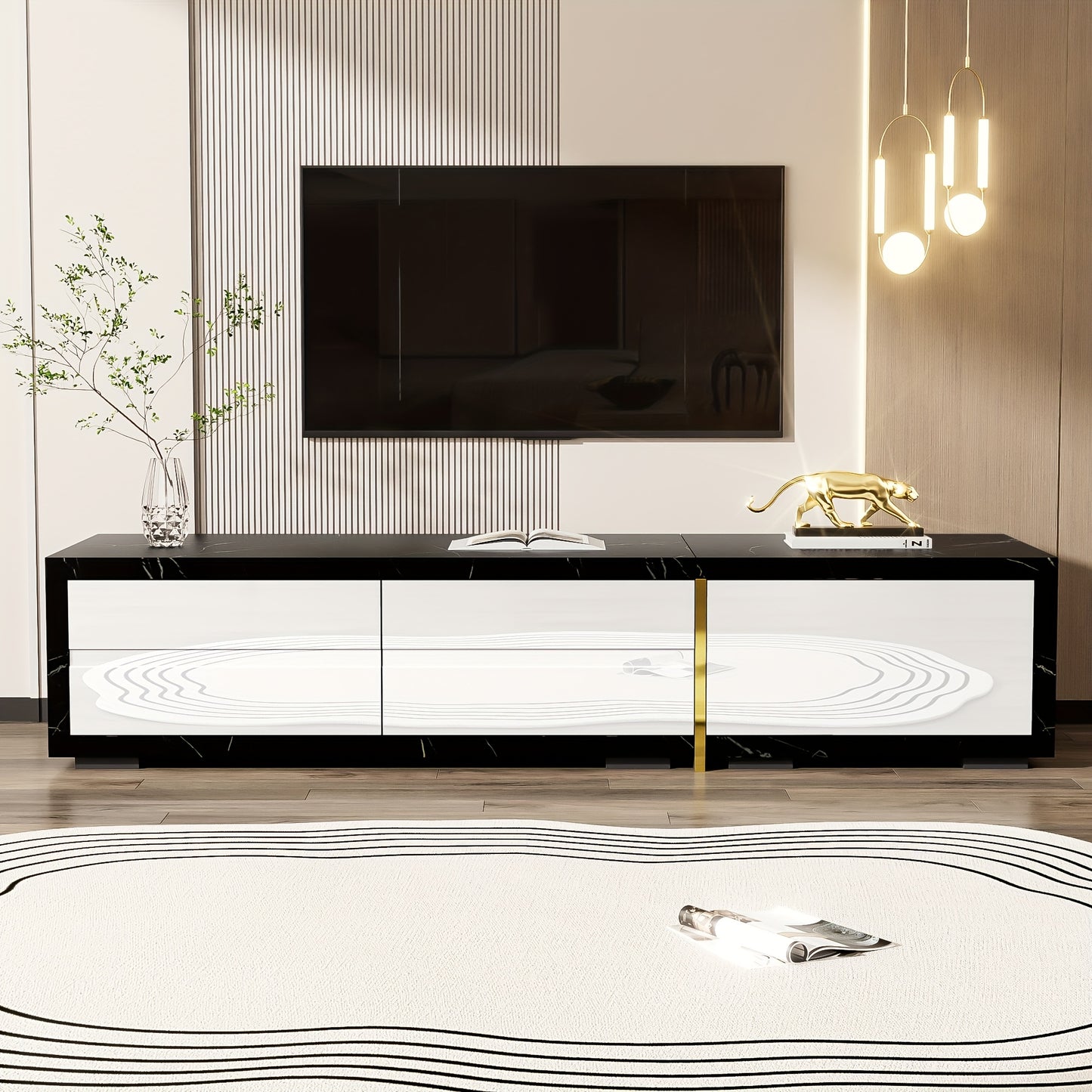 TV-meubel – TV-kast – Media Meubel – TV-standaard – Tv-dressoir – Verstelbare Lengte 140-260 cm – Draaifunctie – Mat Wit Hoogglans Met Zwart Marmerlook en Gouden Accenten