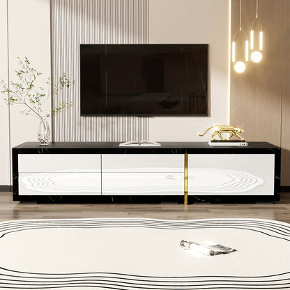 TV-meubel – TV-kast – Media Meubel – TV-standaard – Tv-dressoir – Verstelbare Lengte 140-260 cm – Draaifunctie – Mat Wit Hoogglans Met Zwart Marmerlook en Gouden Accenten