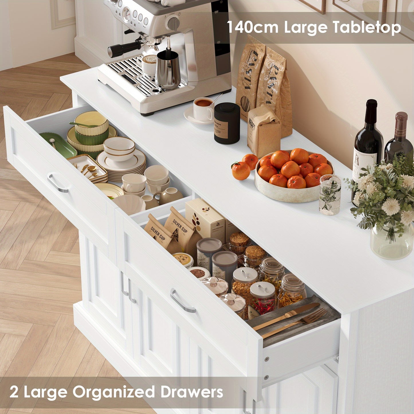 Opbergkast – Kast Met Lades – Dressoir – Bergmeubel – Witte Opbergkast – Stevig Hout & Spaanplaat – Ruime Indeling Met 3,2+ Kubieke Voet