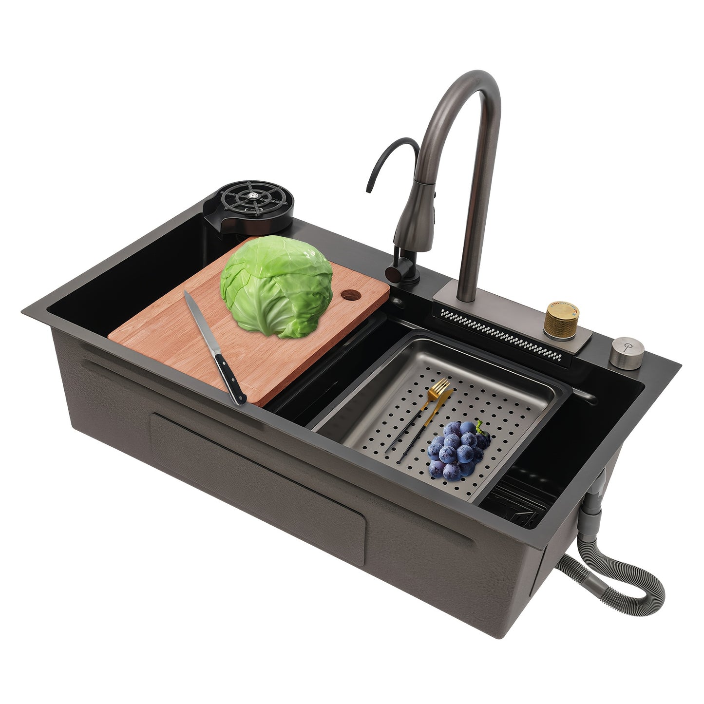 RVS Keukenspoelbak – Keukenspoelbak – Spoelbak – Keukenspoelbak Met Kraan – Spoeltafel – 80cm Diepe Wastafel – 3 Waterstanden Met Uittrekbare Kraan