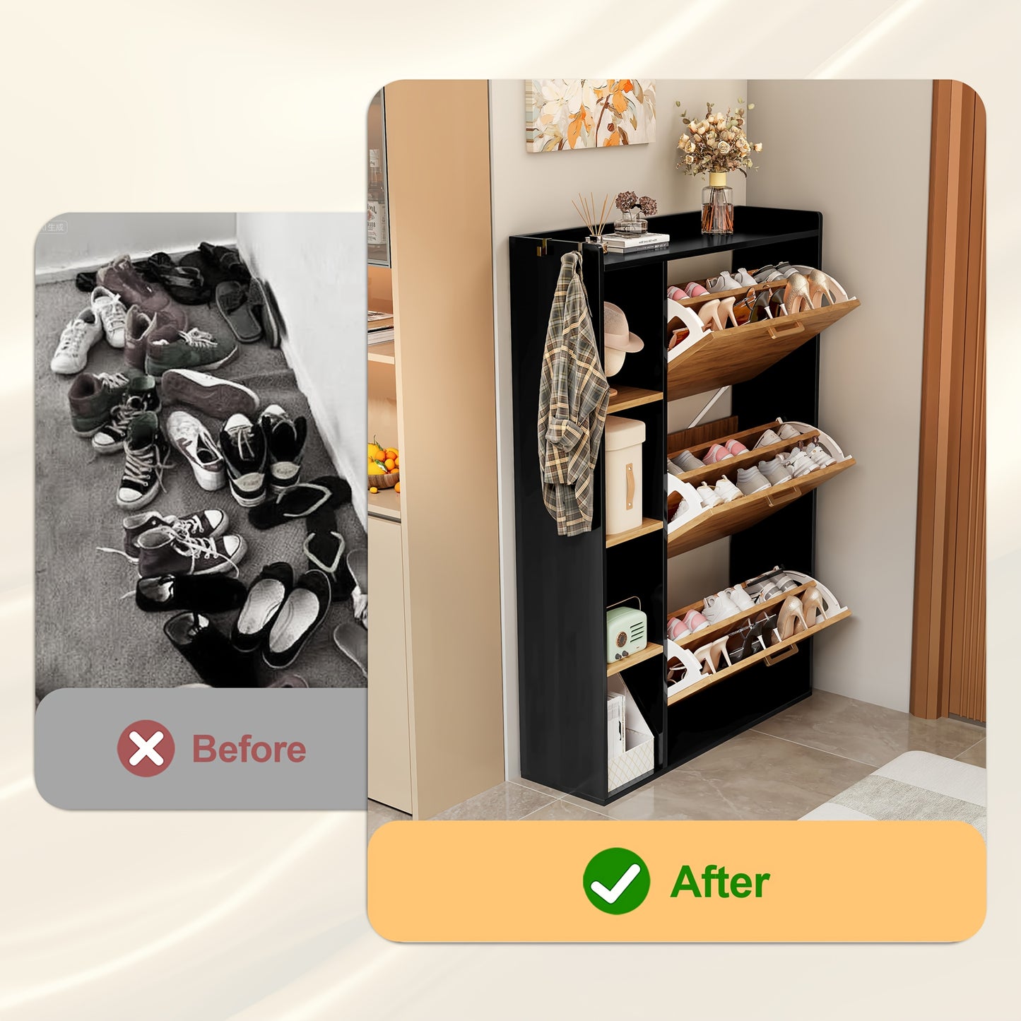 3-Deurs Schoenenkast – Smalle Schoenenopberger – Schoenenrek – Schoenenkast – Halmeubel – Hardhouten Materiaal – Anti-Kantelmechanisme – Mat Zwarte Afwerking