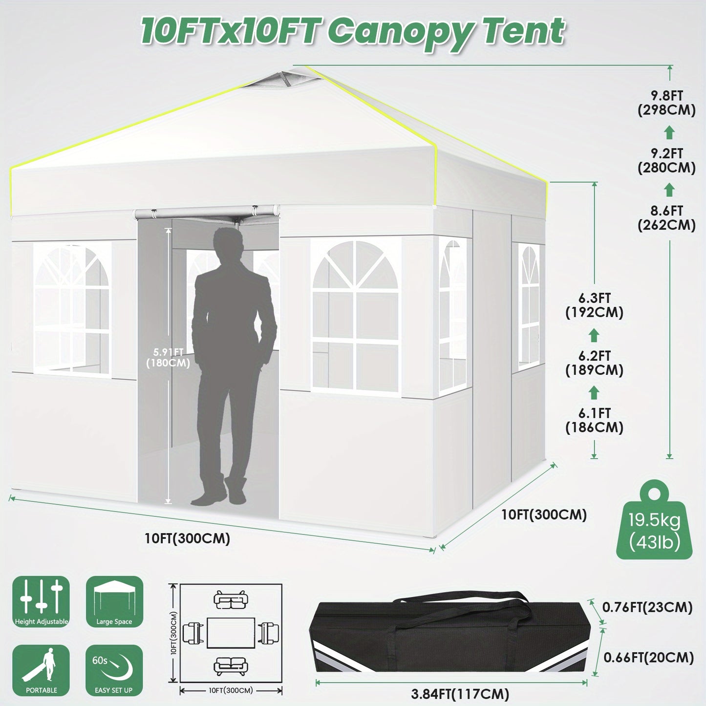 Pop-up Tent – Canopy Tent – Vouwtent – Markttent – Partytent – Wit – 3,05x3,05 Meter – UPF 50+ Bescherming – Verstelbare Hoogte met Ventilatie