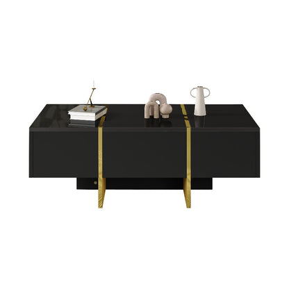 Zwart Salontafel – Koffietafel – Accenttafel – Opbergtafel – Woonkamertafel – Hoogglans Design – 4 Laden – Geen Montage – Compact 100x50x35 cm – Gouden Frame