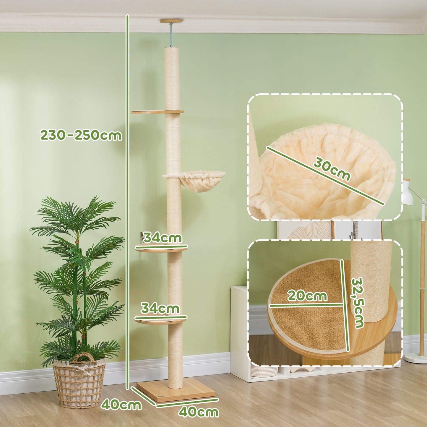 Krabpaal – Krabmeubel – Klimpaal – Kattenpaal – Speelpaal – Verstelbare Hoogte 230-250 cm – Anti-Kantel Veiligheidssysteem – Sisaltouw – Houtcomposiet – Eikenhout & Crème Wit