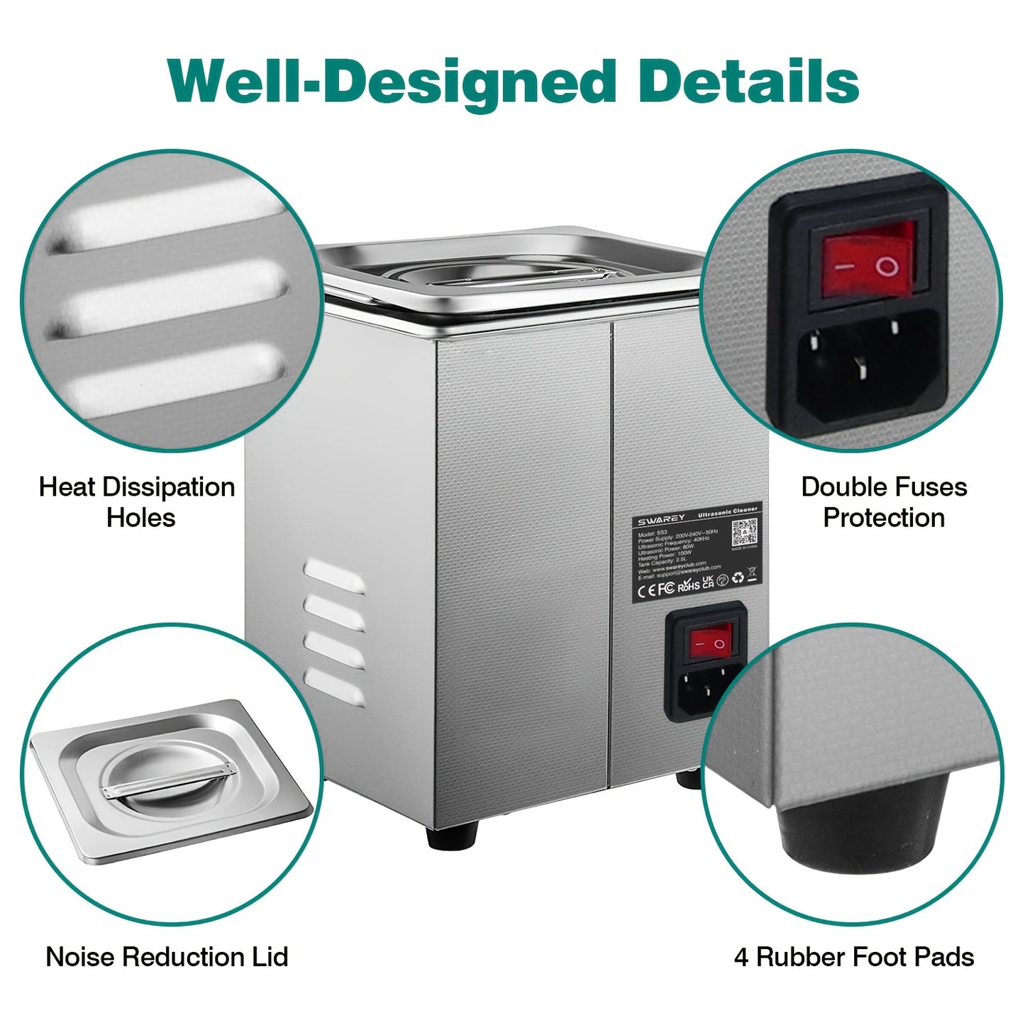 Swarey Ultrasonic Cleaning Device 40 KHz With Digital Timer And Heating, Washing Equipment Machine For Metal Tools Jewellery Carburettor Metal Parts