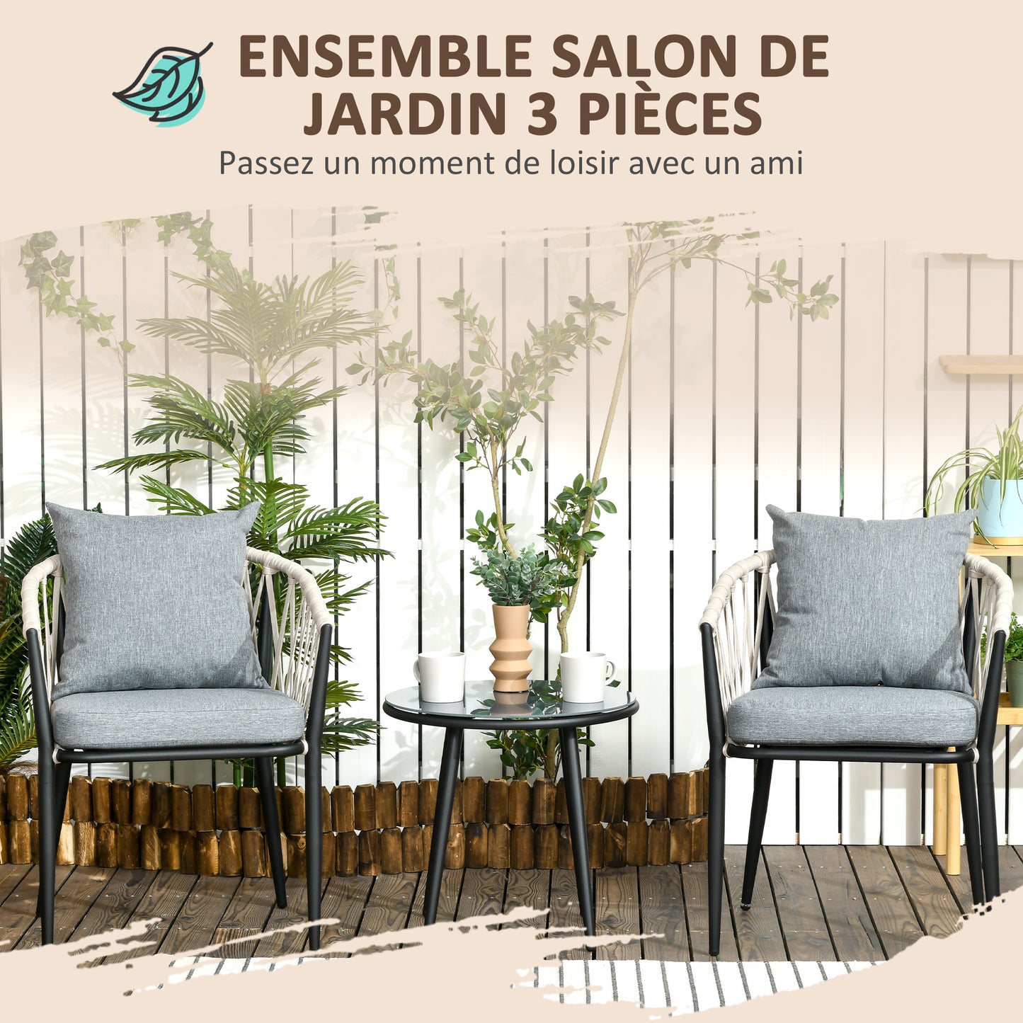 Tuinset – Bistroset – Balkonset – 2-Persoons Zitgroep – Loungeset – 2 Fauteuils Met Kussens – Rond Tafeltje Met Geharde Glasplaat – Weerbestendig Metalen Frame – Compact Ontwerp