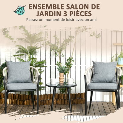 Tuinset – Bistroset – Balkonset – 2-Persoons Zitgroep – Loungeset – 2 Fauteuils Met Kussens – Rond Tafeltje Met Geharde Glasplaat – Weerbestendig Metalen Frame – Compact Ontwerp