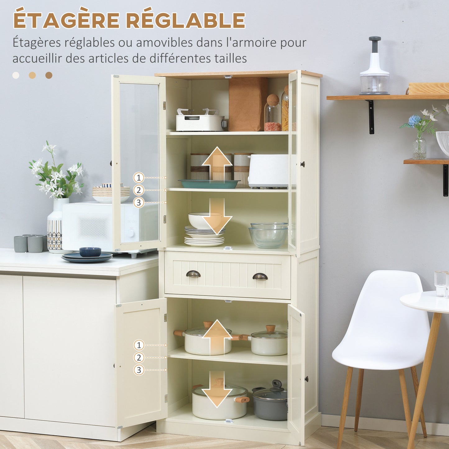 Keukenkast – Buffetkast – Dressoir – Opbergkast – Kast Met Lade – 4 Deuren Inclusief 2 Glazen Deuren – Hoogte 182,5 cm – MDF Beige