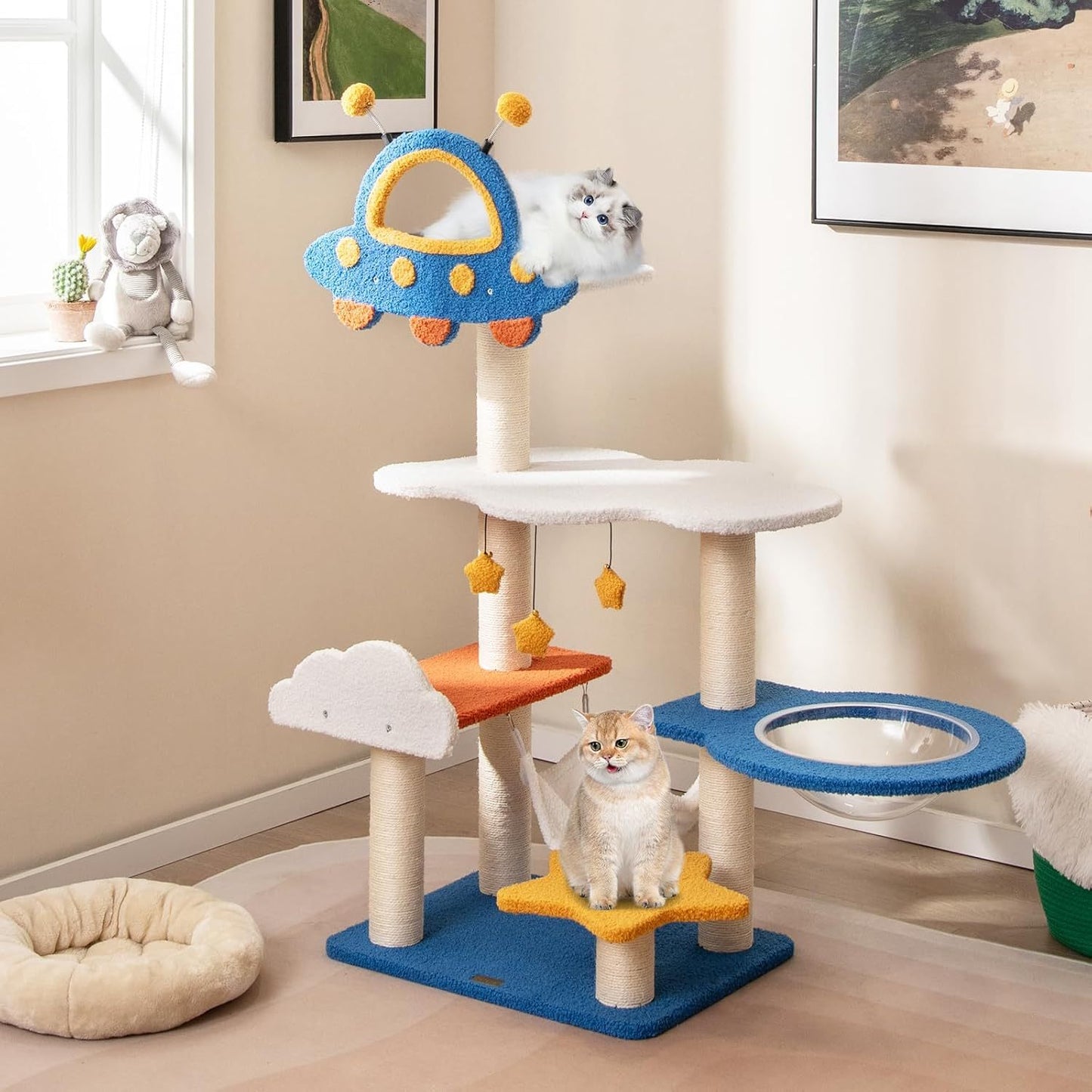 Krabpaal – Kattenboom – Krabmeubel – Kattenhuis – Krabton – 124 cm Hoog – Fiberboard & Sisal – Ruimtethema Met UFO-Platform, Hangmat en Capsule – Blauw